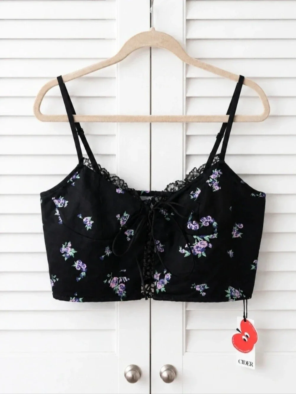 Cider Black Floral Corset Crop Top NWT Y2K Fairy Grunge Lace Cami